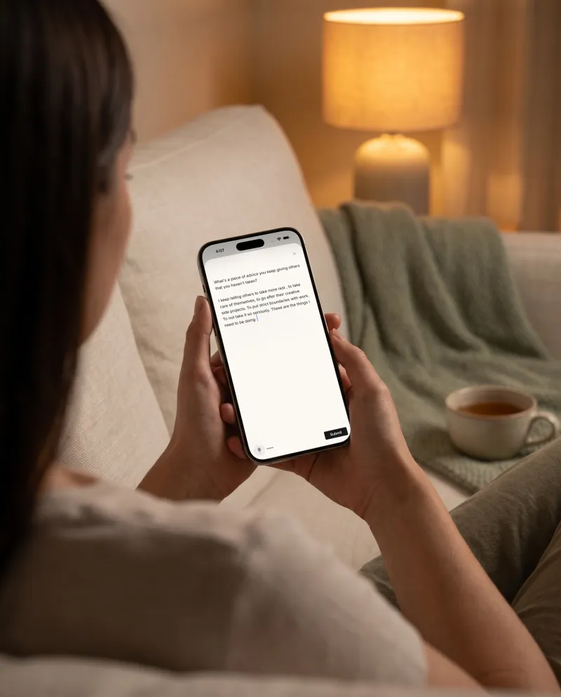 A person on a sofa in the evening, typing an Already There entry on an iPhone