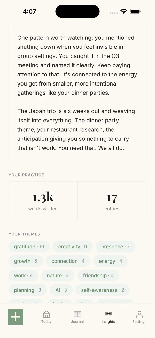 Already There Weekly Insights screen with a written synthesis of the week and theme counts