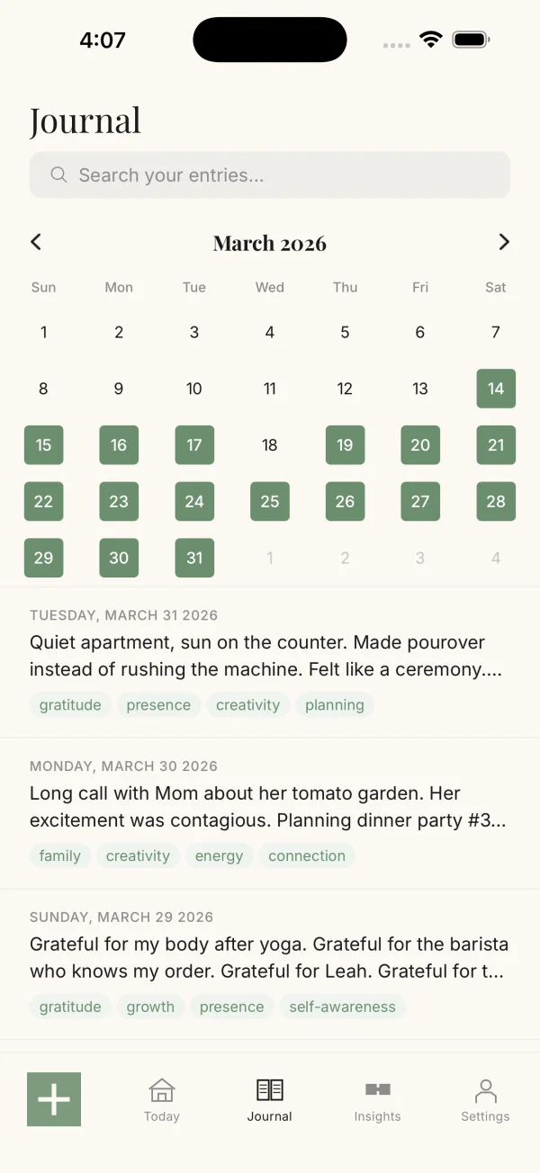 Already There Journal screen with a calendar and tagged entry summaries