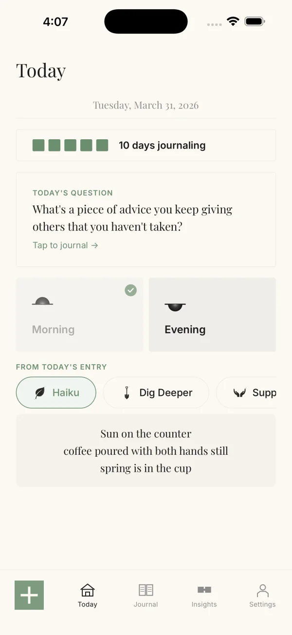 Already There Today screen showing the day's question and a haiku made from the morning entry